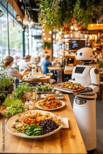 Advanced robotic assistant efficiently collecting trays in a vibrant food court filled with diverse diners