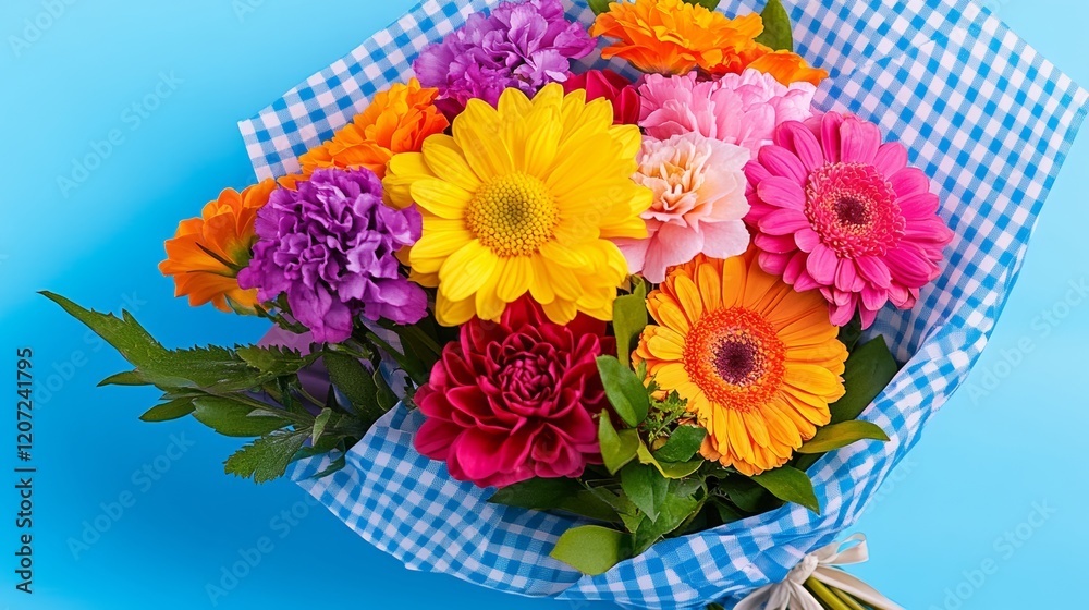 Obraz premium Bouquet of flowers is wrapped in a blue cloth. The flowers are of various colors and sizes, including yellow, pink, and purple. The arrangement is vibrant and lively, giving off a cheerful