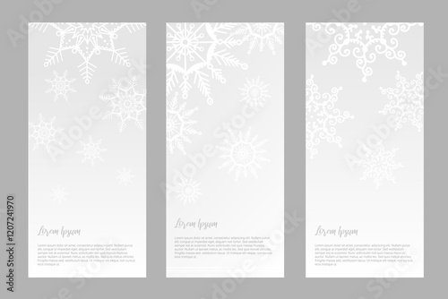 elegant vertical templates with white snowflakes on a gradient gray background, featuring text areas with "Lorem Ipsum" placeholders
