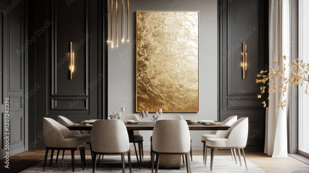 A luxury wall art piece with gold leaf accents and intricate textures, styled in a sophisticated dining room with high-end decor A luxury wall art piece with gold leaf accents and intricate textures, styled in a sophisticated dining room with high-end decor