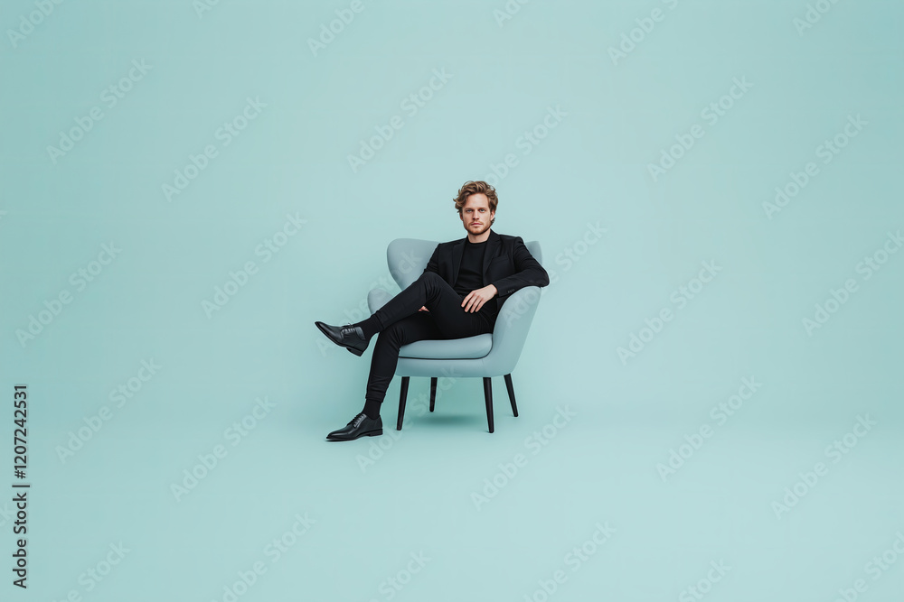 Minimalistic seating arrangement featuring a person in a stylish outfit on a contemporary chair against a soft pastel background in a calm indoor setting Minimalistic seating arrangement featuring a person in a stylish outfit on a contemporary chair against a soft pastel background in a calm indoor setting