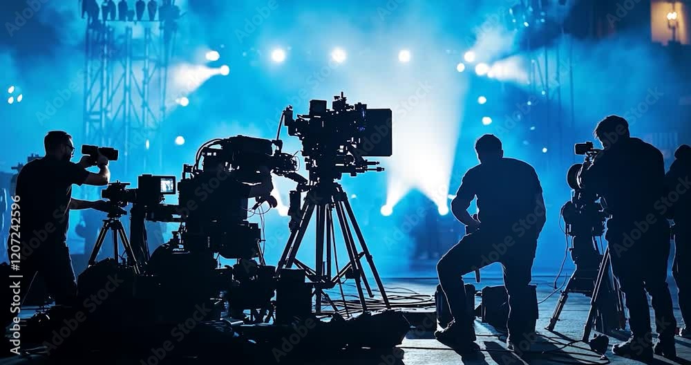 A movie production crew with cameras and lighting equipment, standing in front of an open set, blue lights shining on them, silhouettes of people working behind the camera