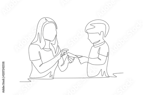 Children receiving red envelopes concept one-line drawing