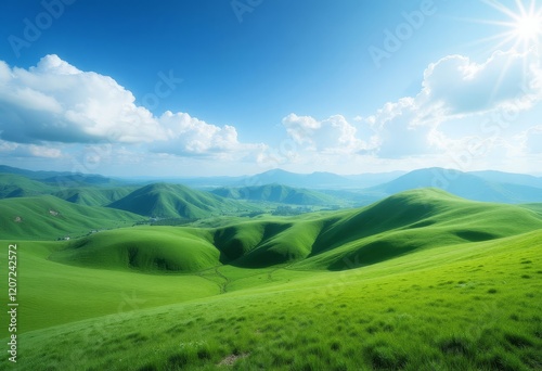 Wallpaper Mural Green hills and blue sky with sun flare Torontodigital.ca