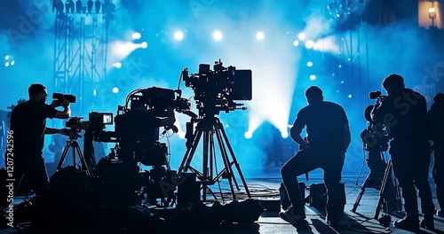 A movie production crew with cameras and lighting equipment, standing in front of an open set, blue lights shining on them, silhouettes of people working behind the camera