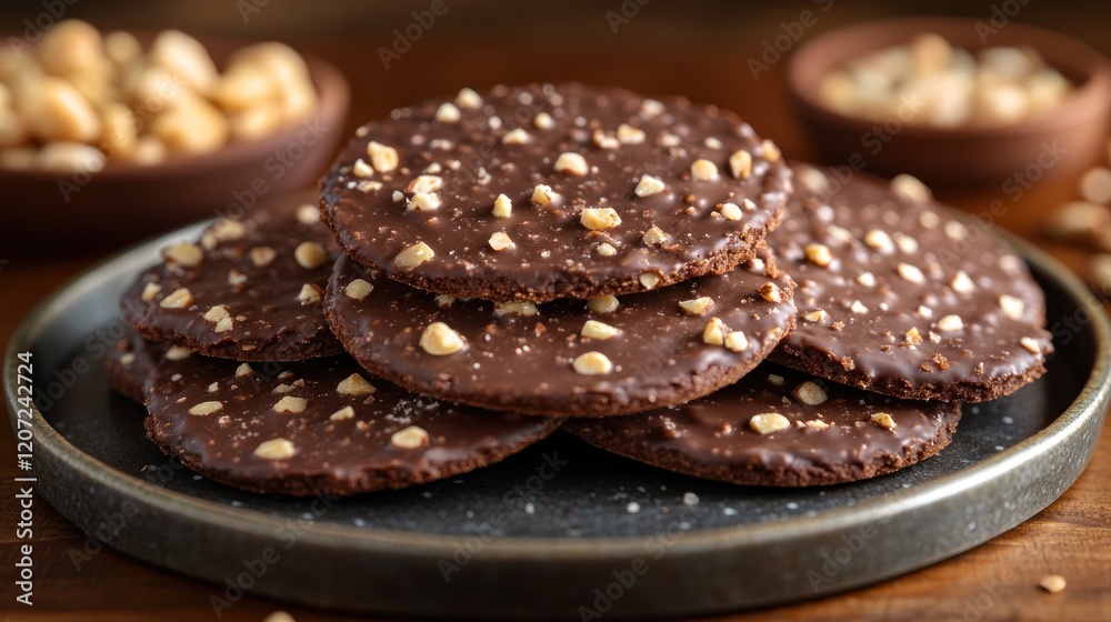 Chocolate peanut cookies, dark plate, wooden table, nuts Chocolate peanut cookies, dark plate, wooden table, nuts