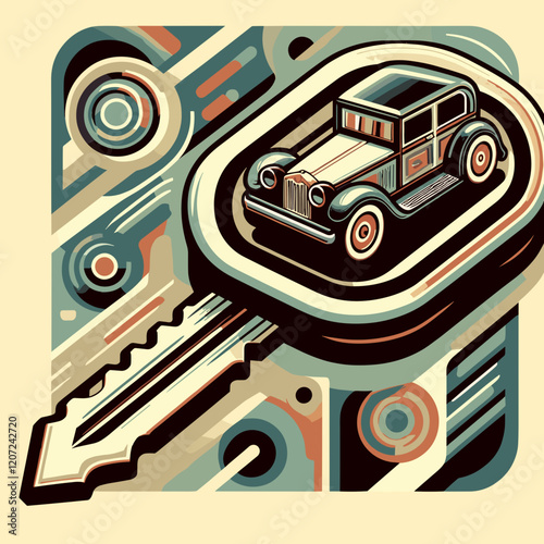 Modern car key fob design featuring a compact car illustration on a colorful abstract background