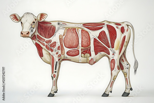 Anatomical illustration of a cow showcasing muscle structure and tissue types for educational purposes