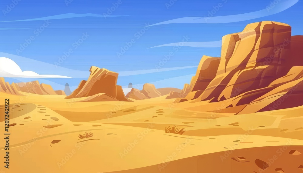 Naklejka premium A vast desert landscape with towering red rock formations under a bright blue sky.