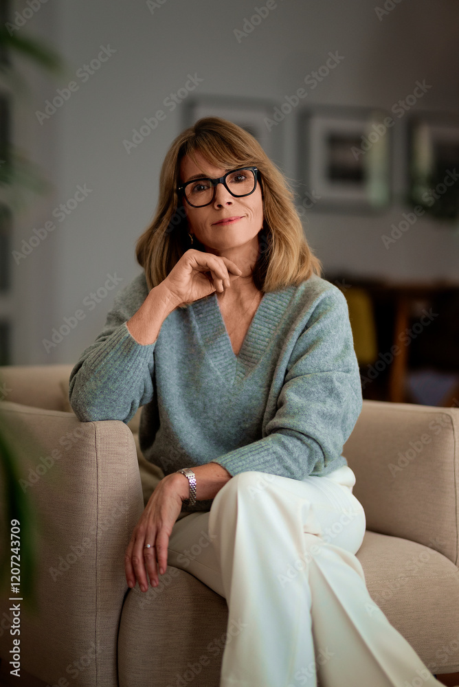 Fototapeta premium Blond haired woman relaxing in an armchair her elegant home