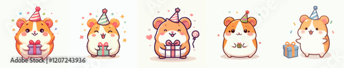 cute guinea pig vector set with gifts and party hats