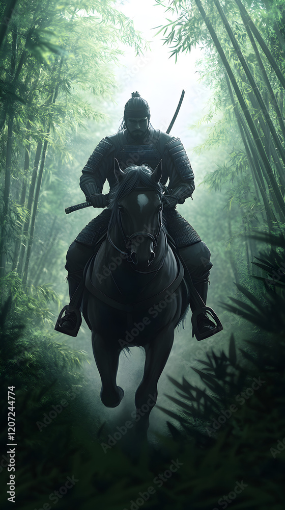 Naklejka premium A samurai on horseback galloping through a bamboo forest, his katana raised and his armor gleaming in the dappled light.