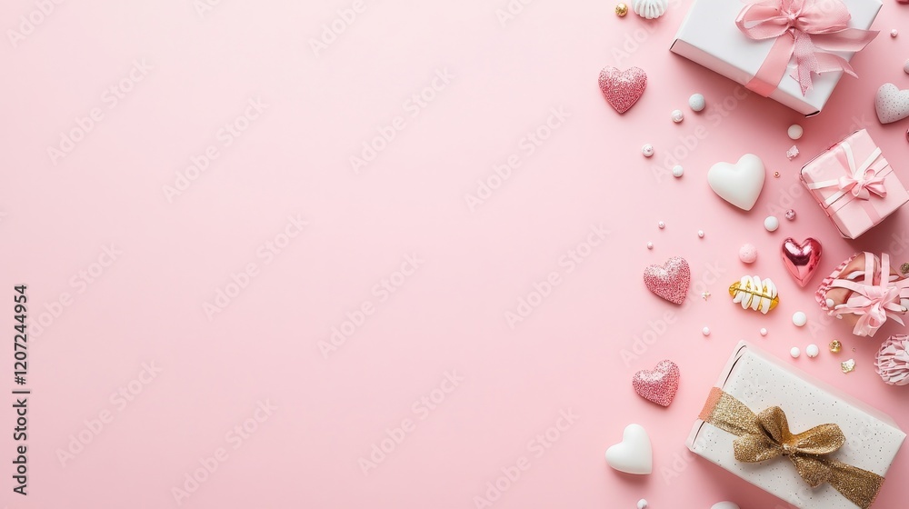 Flat lay Valentines Day composition featuring gift boxes and hearts on a pastel pink background Top view with space for text Flat lay Valentines Day composition featuring gift boxes and hearts on a pastel pink background Top view with space for text