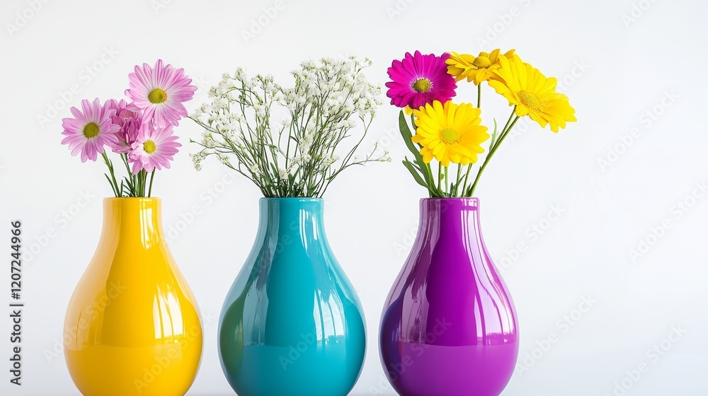 Three vases of different colors, one yellow, one blue, and one purple, filled with flowers