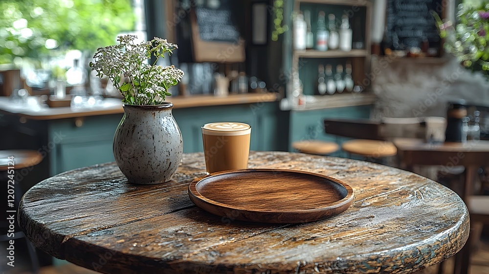 Cozy countryside bar scene featuring a weathered wooden table with a simple wooden plate floral vase and coffee mug Cozy countryside bar scene featuring a weathered wooden table with a simple wooden plate floral vase and coffee mug