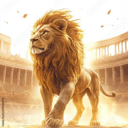 Nemean Lion Roams Gladiatorial Arena Action-Packed Scene Ancient Rome Digital Art Dramatic Perspective photo