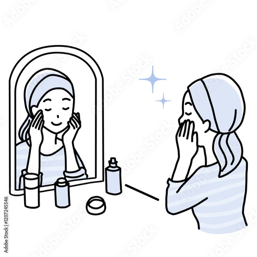 Minimalist duotone illustration of a young woman doing skin care in front of the mirror. Self care concept.  Simple kawaii line art.