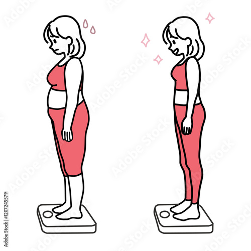 Minimalist duotone illustration of a young woman standing on the scale, fat and slim, comparing before and after weight loss. Simple kawaii line art.