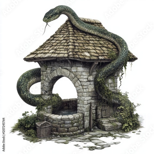 Serpent Coiled Around a Well Fantasy Setting Digital Art Enchanted Forest Mythical Perspective Dipsa Thirst Inducing Concept photo