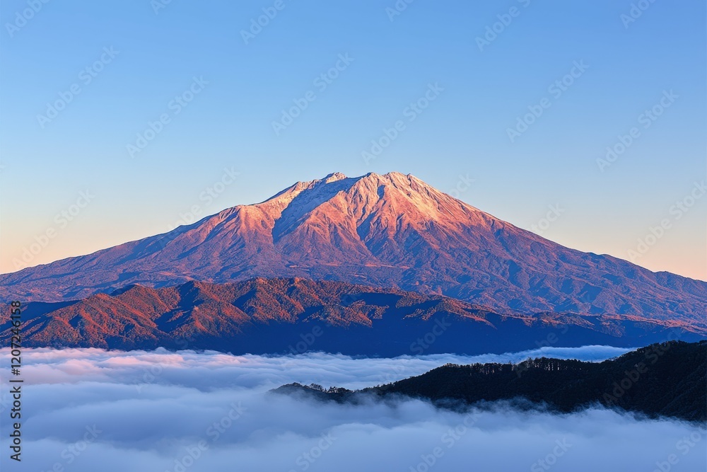 Fototapeta premium Majestic snow-capped mountain against vibrant sunset sky over serene landscape in early evening. Beautiful simple AI generated image