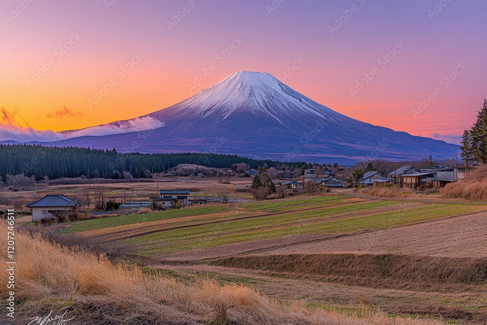 Mount Fuji Snow-Covered Peak Above Misty Valley. Beautiful simple AI generated image Mount Fuji Snow-Covered Peak Above Misty Valley. Beautiful simple AI generated image