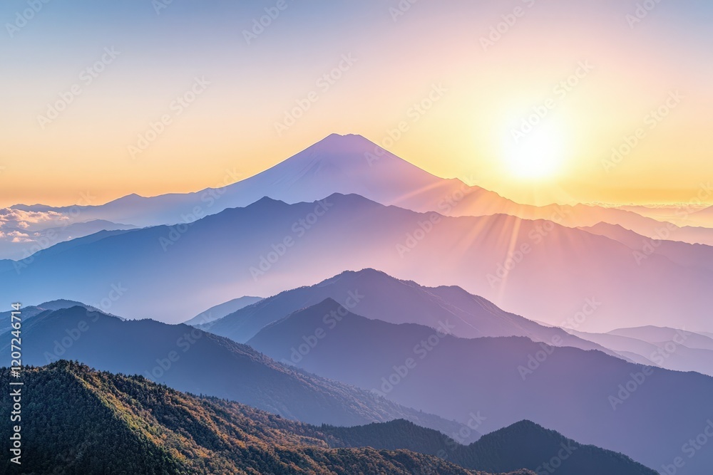 Mount Fuji Snow-Covered Peak Above Misty Valley. Beautiful simple AI generated image Mount Fuji Snow-Covered Peak Above Misty Valley. Beautiful simple AI generated image