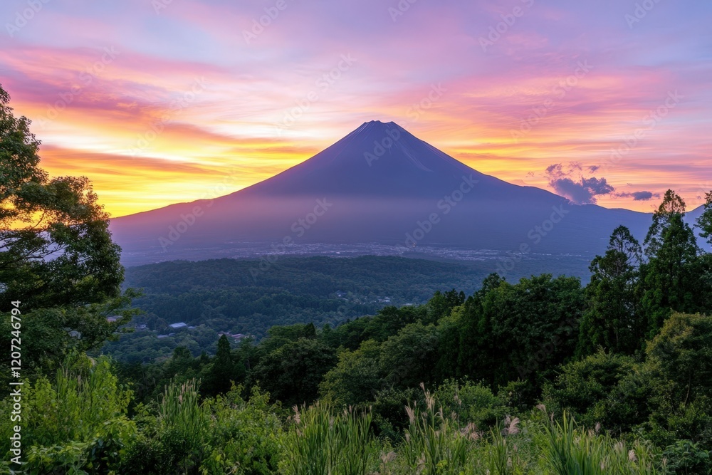 Majestic snow-capped mountain against vibrant sunset sky over serene landscape in early evening. Beautiful simple AI generated image Majestic snow-capped mountain against vibrant sunset sky over serene landscape in early evening. Beautiful simple AI generated image