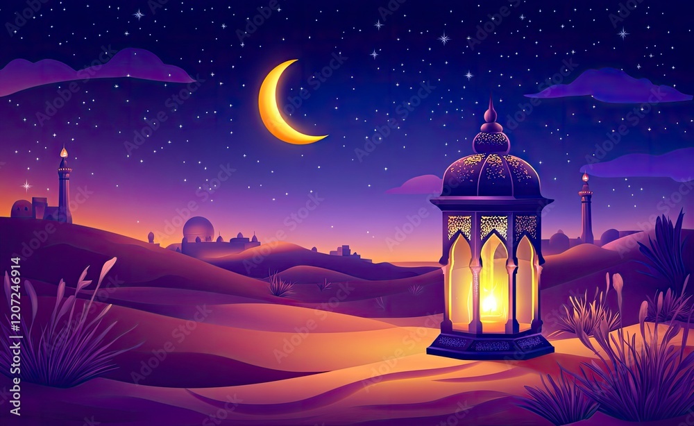 A beautiful lantern glowing at night with a crescent moon and stars in the sky, a desert landscape background for Ramadan Kareem decoration and greeting card design. Islamic lamp illustration. A beautiful lantern glowing at night with a crescent moon and stars in the sky, a desert landscape background for Ramadan Kareem decoration and greeting card design. Islamic lamp illustration.