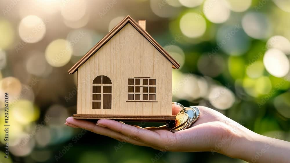 Hands Holding a Small Wooden House Model Hands Holding a Small Wooden House Model