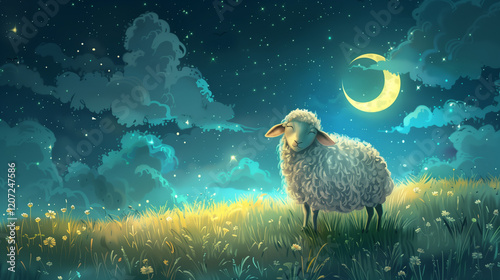 Cartoon Sheep in a Field of Flowers, Eid al adha.