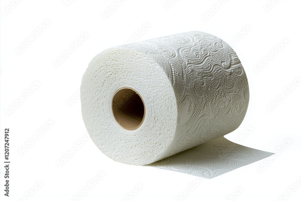 Fototapeta premium Detailed close-up of a roll of toilet paper showcasing its texture and patterns in a pristine white setting