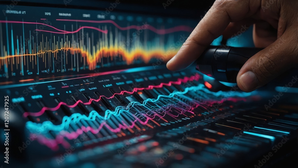 A creative design of a hand adjusting the volume on a music player, surrounded by vibrant audio frequency lines and waveform patterns A creative design of a hand adjusting the volume on a music player, surrounded by vibrant audio frequency lines and waveform patterns