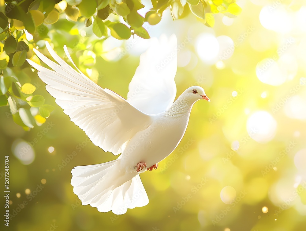 Fototapeta premium Photo of a White Dove in Flight Against Sunlit Foliage