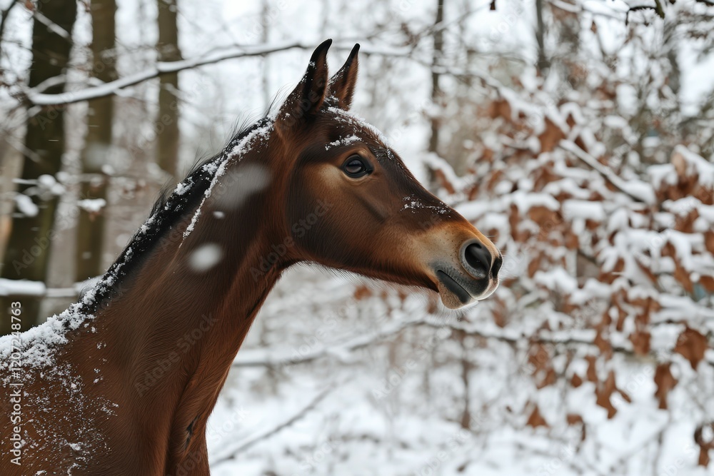 A beautiful darkly-bay horse trots on deep snow. Beautiful simple AI generated image A beautiful darkly-bay horse trots on deep snow. Beautiful simple AI generated image
