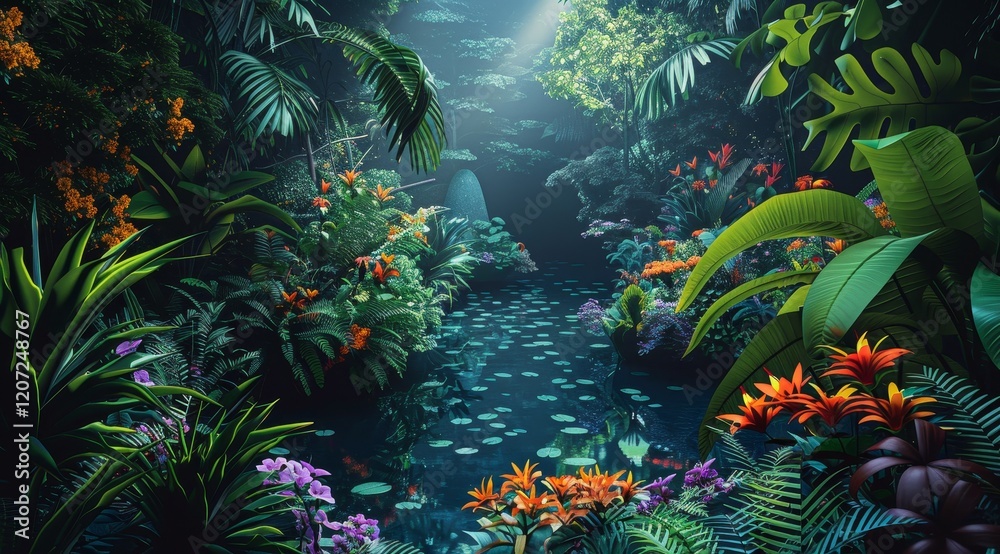 Obraz premium A lush, tropical jungle scene with a hidden lagoon. The lagoon is filled with clear blue water and a variety of fish. The surrounding jungle is dense and green, with a variety of colorful flowers.