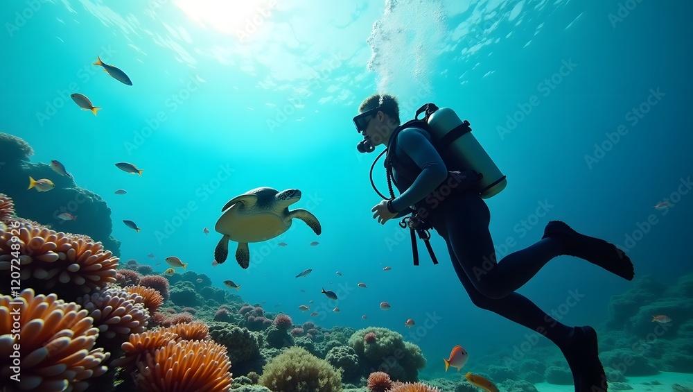 Obraz premium Scuba dive and meet a sea turtle among coral reefs and colorful fish in crystal clear ocean waters