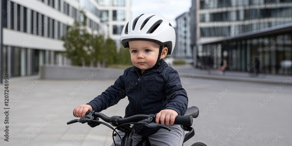 Obraz premium Toddler with a helmet on a bike in an urban setting, showcasing safety and early childhood exploration.