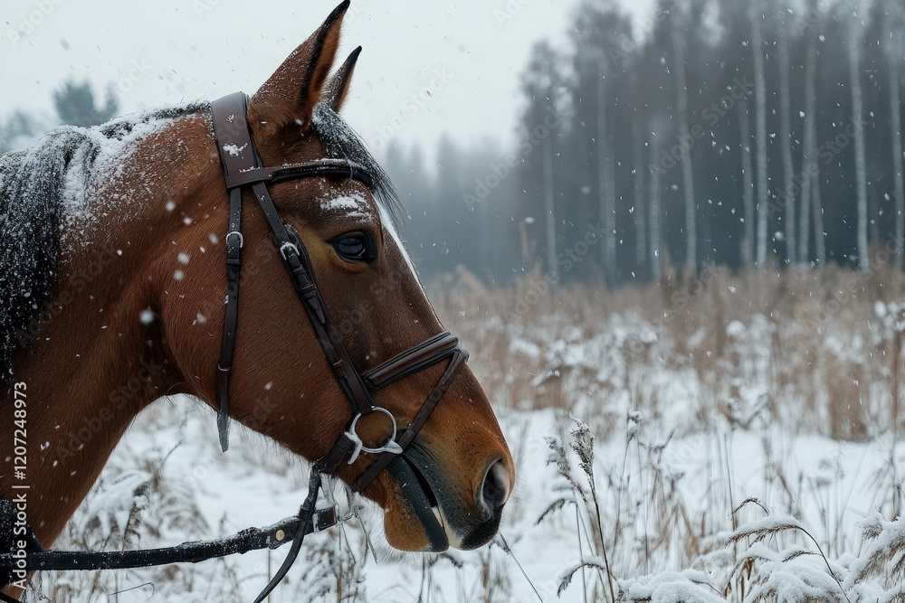 Fototapeta premium Black friesian horse running gallop on the snow-covered field in the winter background. Beautiful simple AI generated image