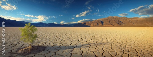 Lone plant thrives in arid desert, showcasing resilience and hope in harsh environmental conditions photo