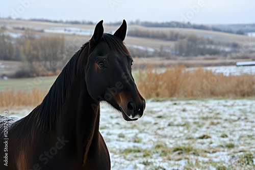 Black friesian horse with the mane flutters on wind running on the snow-covered field in the winter background. Beautiful simple AI generated image