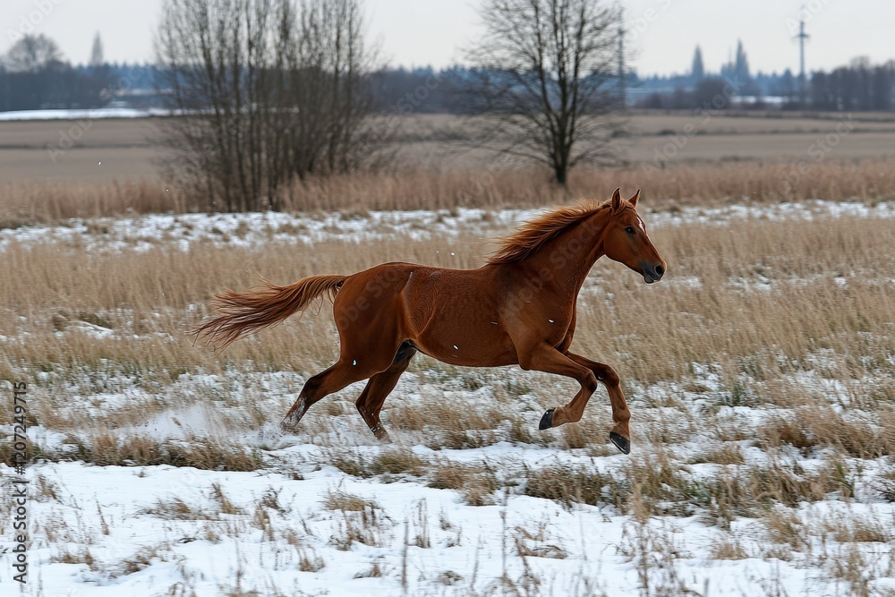 Black friesian horse running gallop on the snow-covered field in the winter background. Beautiful simple AI generated image Black friesian horse running gallop on the snow-covered field in the winter background. Beautiful simple AI generated image