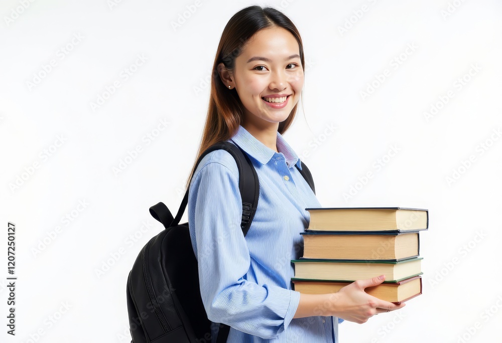 Person with black backpack holding stack of books Person with black backpack holding stack of books