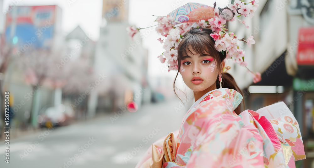 Cherry blossoms adorn a young woman in vibrant kimono as she strolls through a bustling street in a Japanese city during springtime Cherry blossoms adorn a young woman in vibrant kimono as she strolls through a bustling street in a Japanese city during springtime