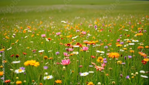 Field of flowers. Bright meadow filled with vibrant yellow, orange, and pink wildflowers under a soft light.