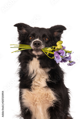 Border Collie holding a bouquet of flowers in its mouth, isolated on white background, charming and playful dog portrait with spring or romantic theme