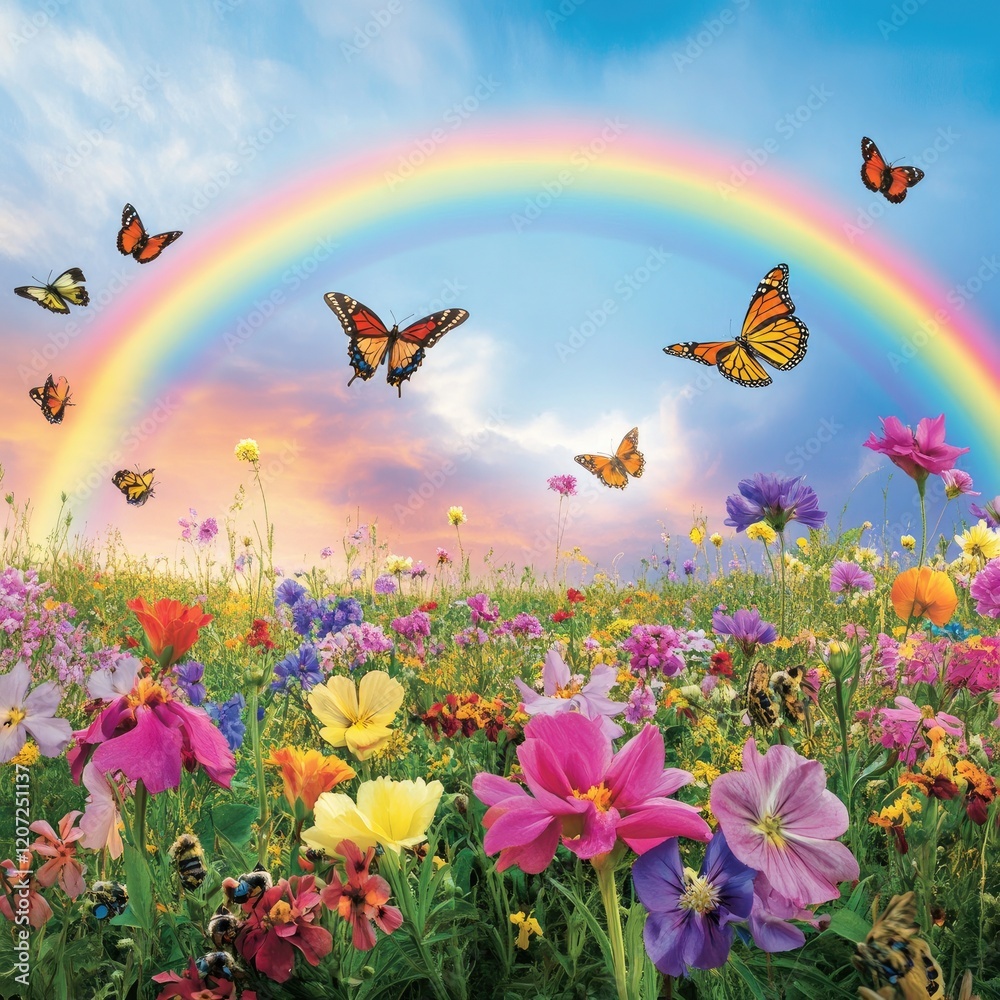 A vibrant rainbow stretching across the sky above a field of blooming flowers, with butterflies and bees buzzing around A vibrant rainbow stretching across the sky above a field of blooming flowers, with butterflies and bees buzzing around
