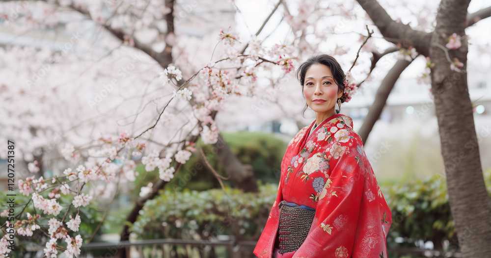 Sakura blossoms frame a woman in traditional attire during cherry blossom season in a vibrant city in Japan Sakura blossoms frame a woman in traditional attire during cherry blossom season in a vibrant city in Japan