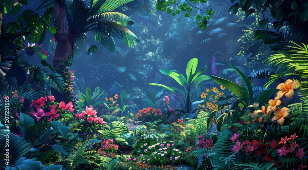 Fototapeta premium Lush, vibrant jungle scene with a path leading through the foliage, bathed in soft sunlight.
