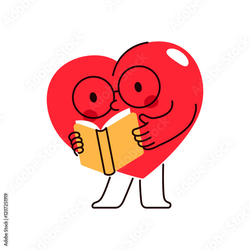 Heart with glasses reading book. Vector icon of love character or lover symbol, valentine s day loving sign. Romantic or passion, affection holiday element. Comic devotion festive poster. Affection.