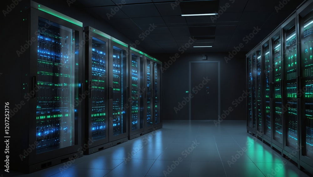 Modern data center, showcasing sleek server racks with blue and green lights Modern data center, showcasing sleek server racks with blue and green lights
